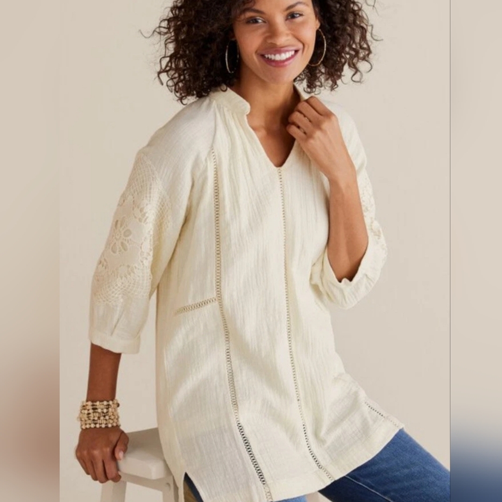 Soft Surroundings Magnolia Gauze Tunic Top L off-white with crochet lace